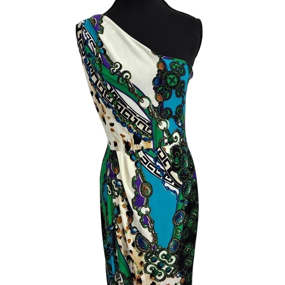 One Shoulder Savannah Studio Maxi Dress Womens M Green Santorini Scarf Print